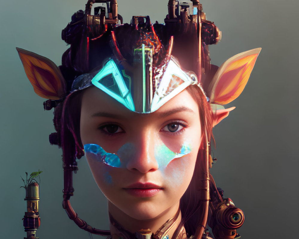 Young individual with futuristic tribal makeup and technological headpiece in digital portrait