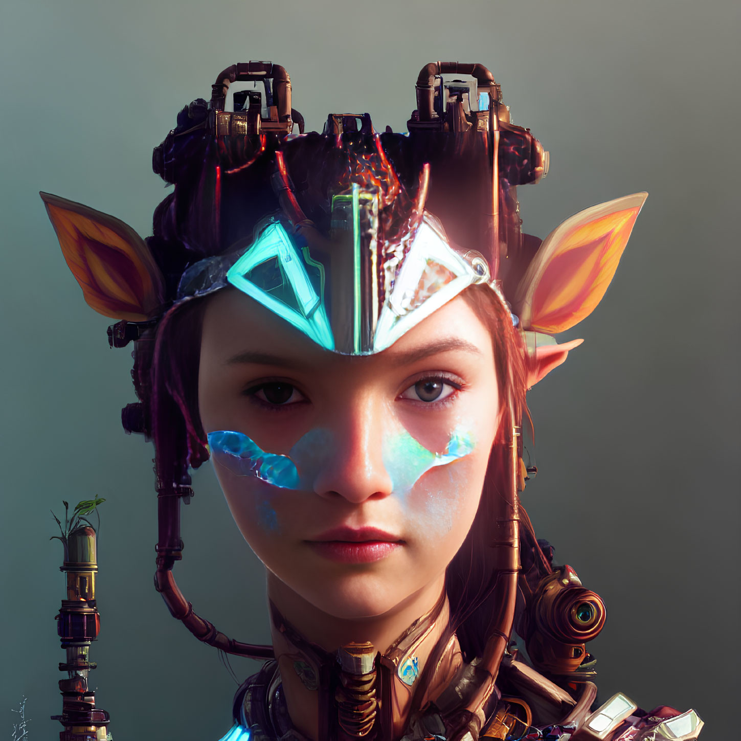 Young individual with futuristic tribal makeup and technological headpiece in digital portrait