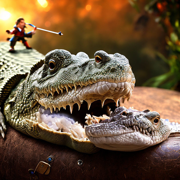 Fantastical river scene with large and small crocodiles facing miniature archer.