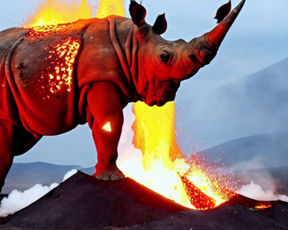 Digital artwork: Lava rhinoceros near erupting volcano at dusk