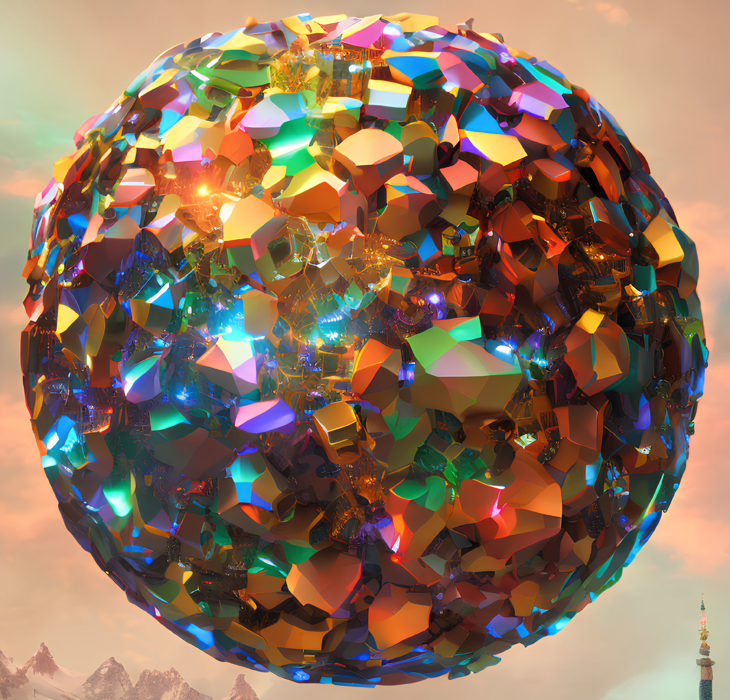 Colorful Crystalline Sphere Above Mountainous Landscape and Watchtower