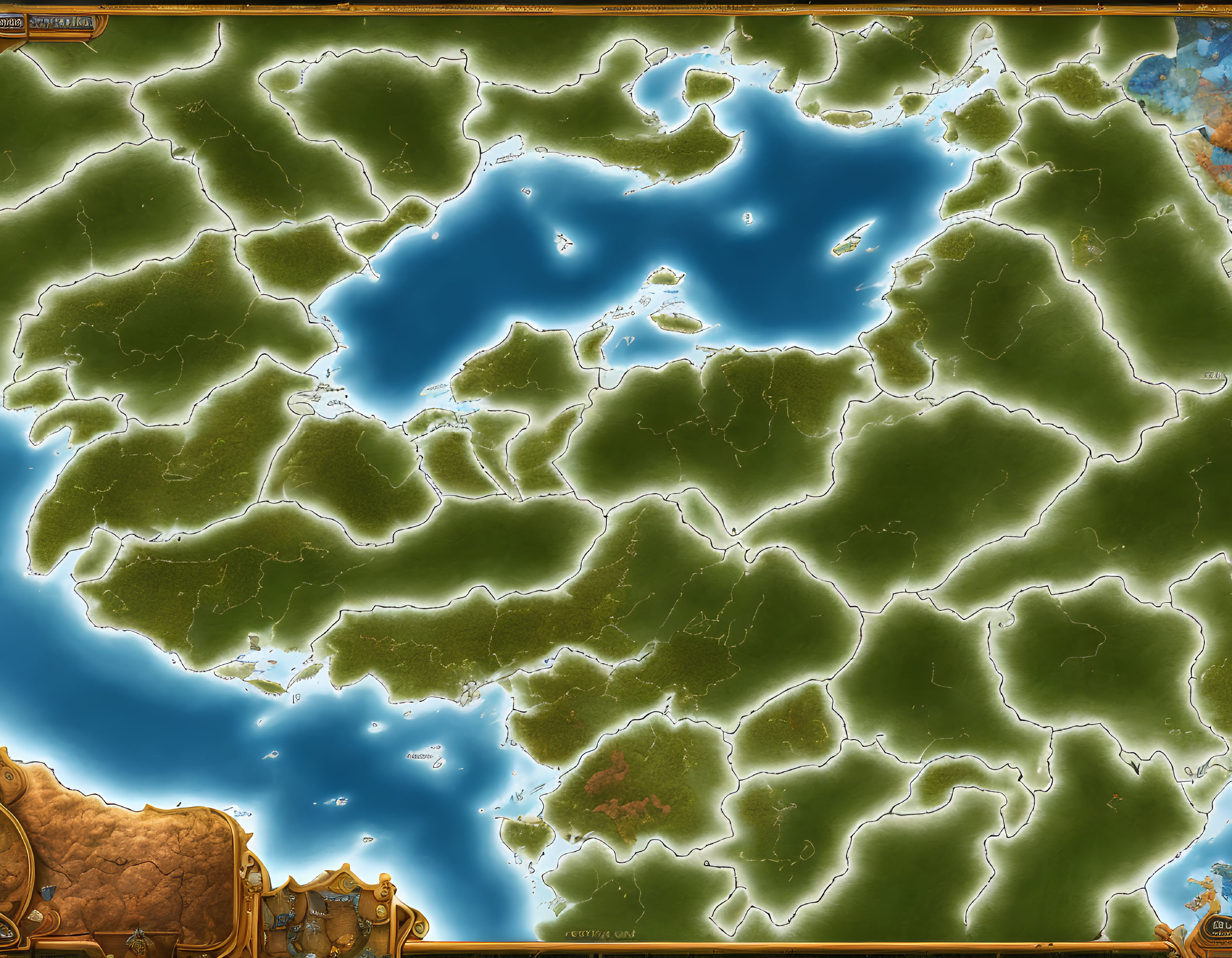 Fantasy map with central sea, intricate landmasses, bays, peninsulas & islands