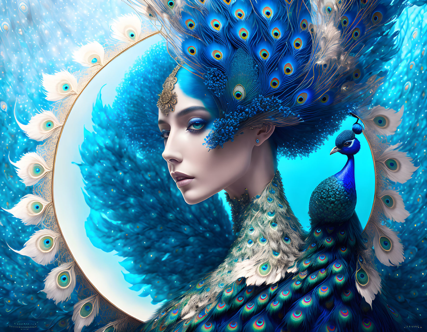 Fantastical woman with peacock feather attire and bird in vibrant blue setting