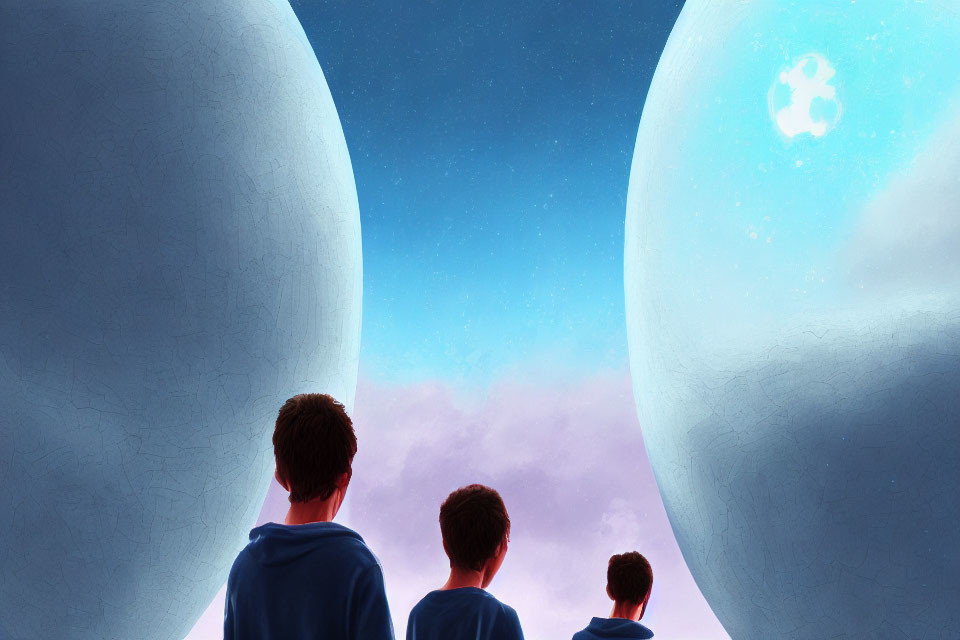 Three people viewing two large celestial bodies in a colorful sky