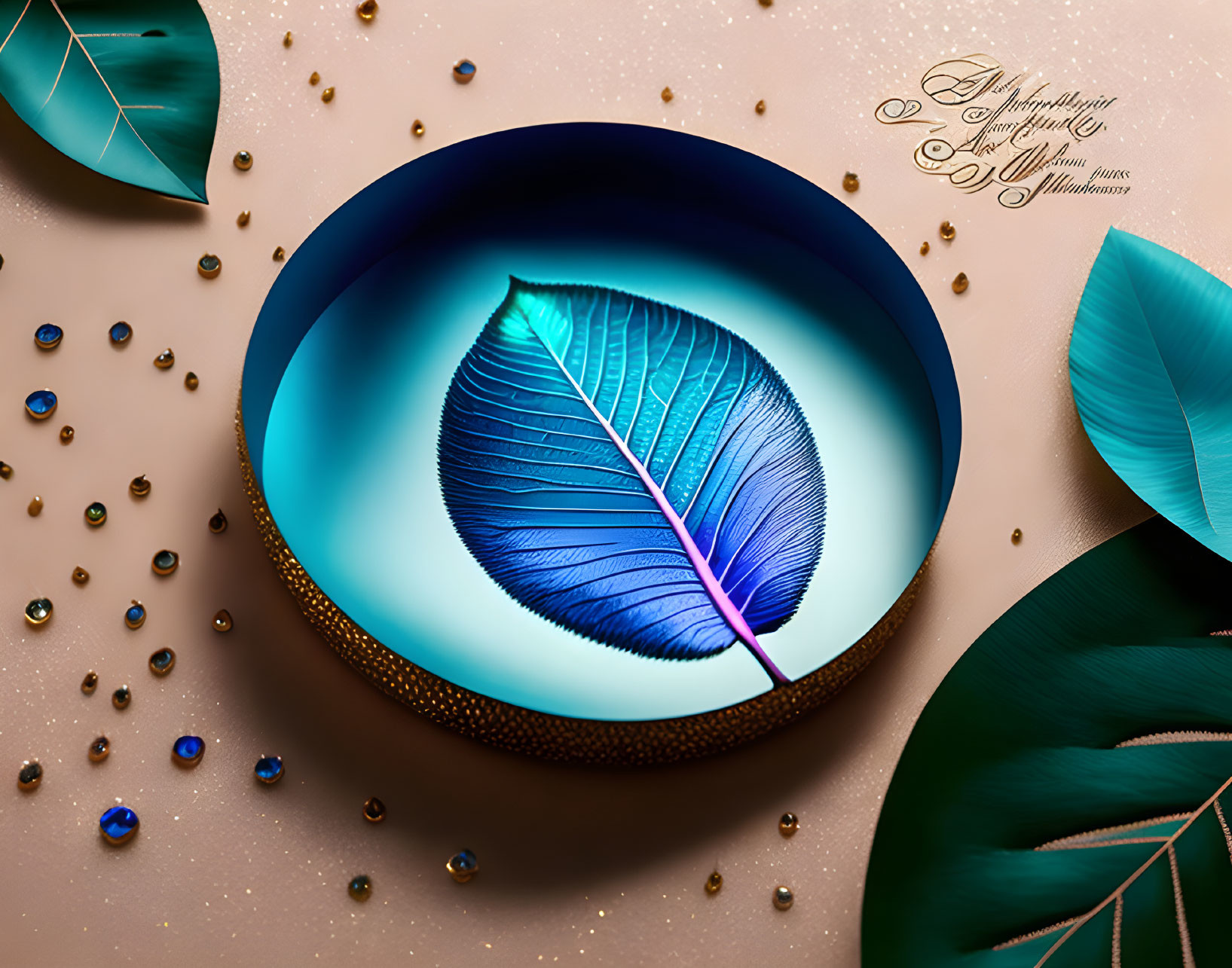 Vivid blue leaf in golden-edged dish with beads on beige background