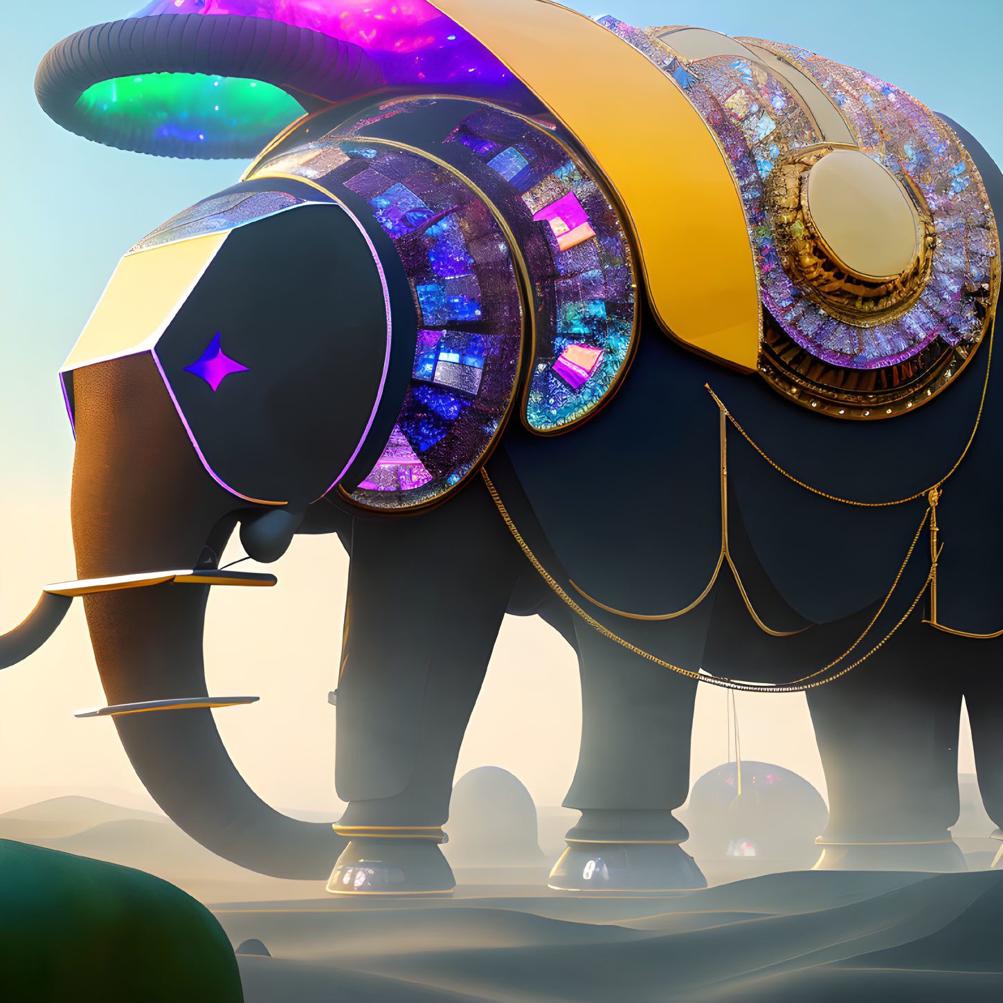 Colorful ornate elephant with futuristic design and glowing patterns on iridescent textures against natural backdrop.