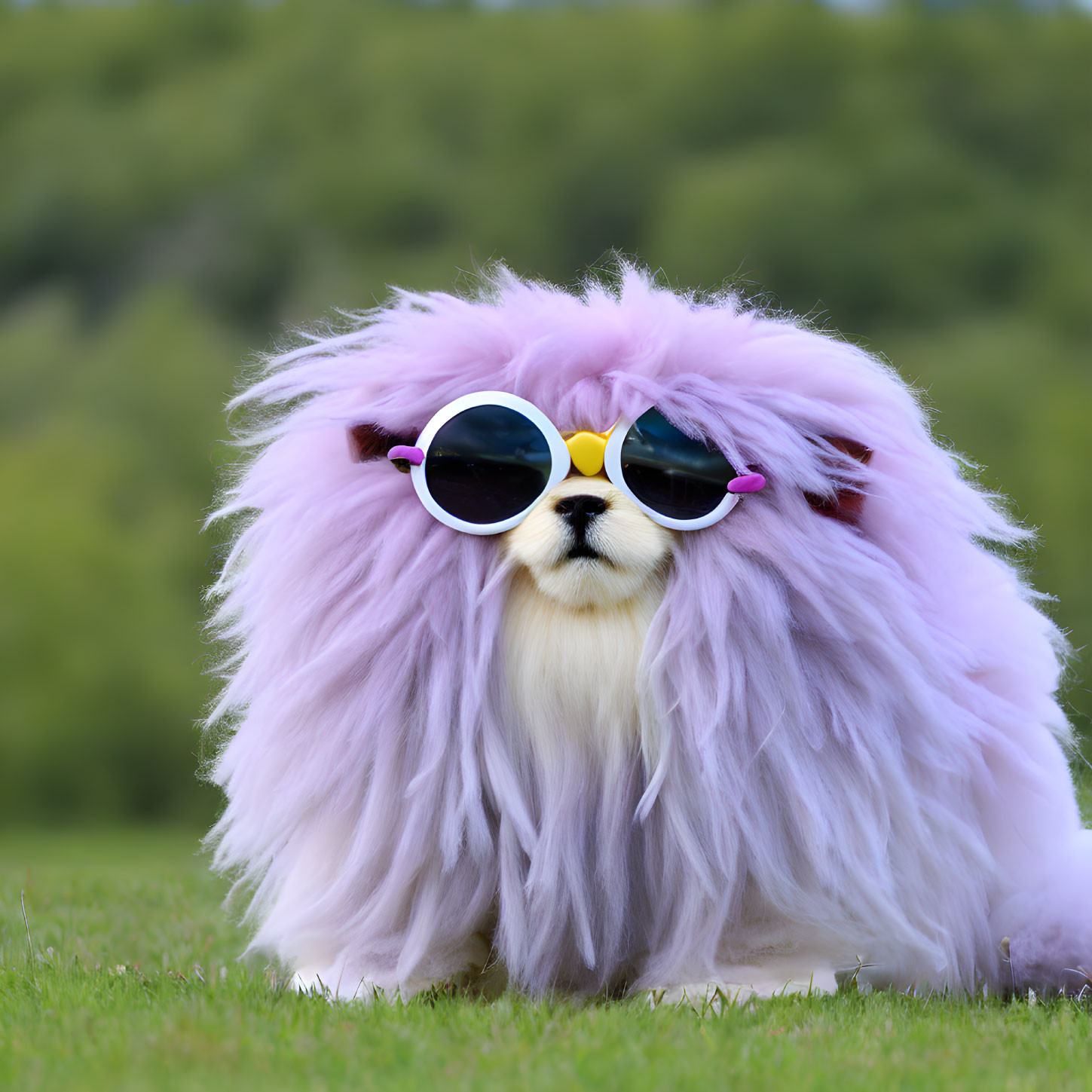 Pink-Haired Dog in Round Sunglasses on Grass with Green Background