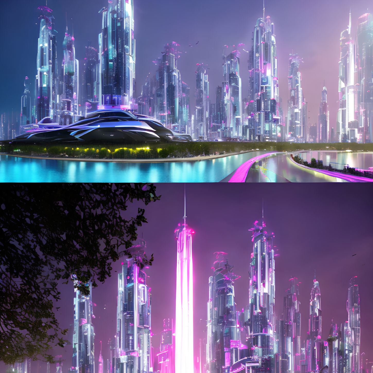 Futuristic night cityscape with neon lights and skyscrapers