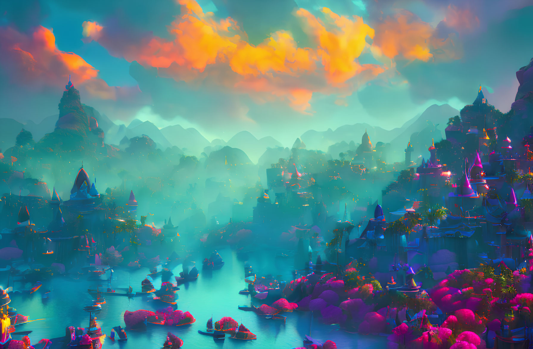 Colorful Clouds and Luminous Mountains in Serene Village Landscape