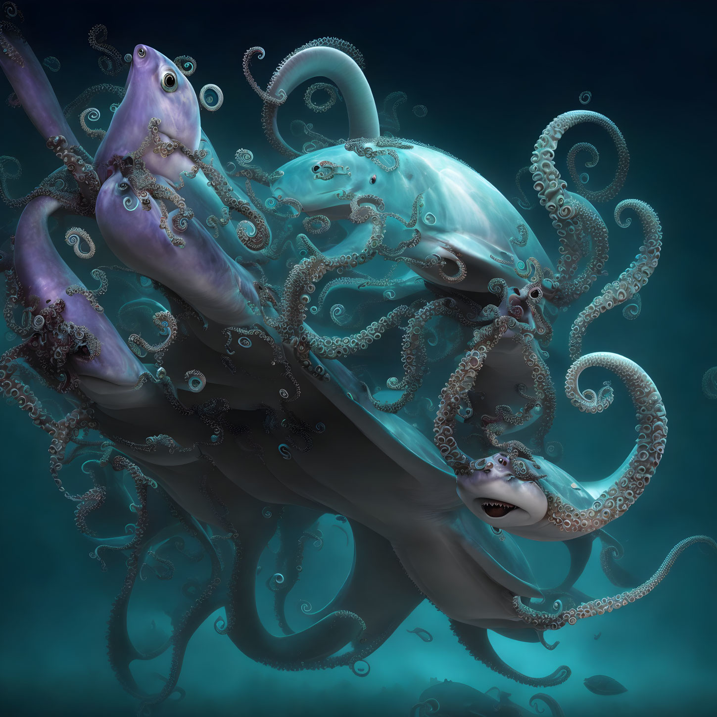 Surreal oversized octopus with multiple eyes and intricate tentacles in deep-sea setting