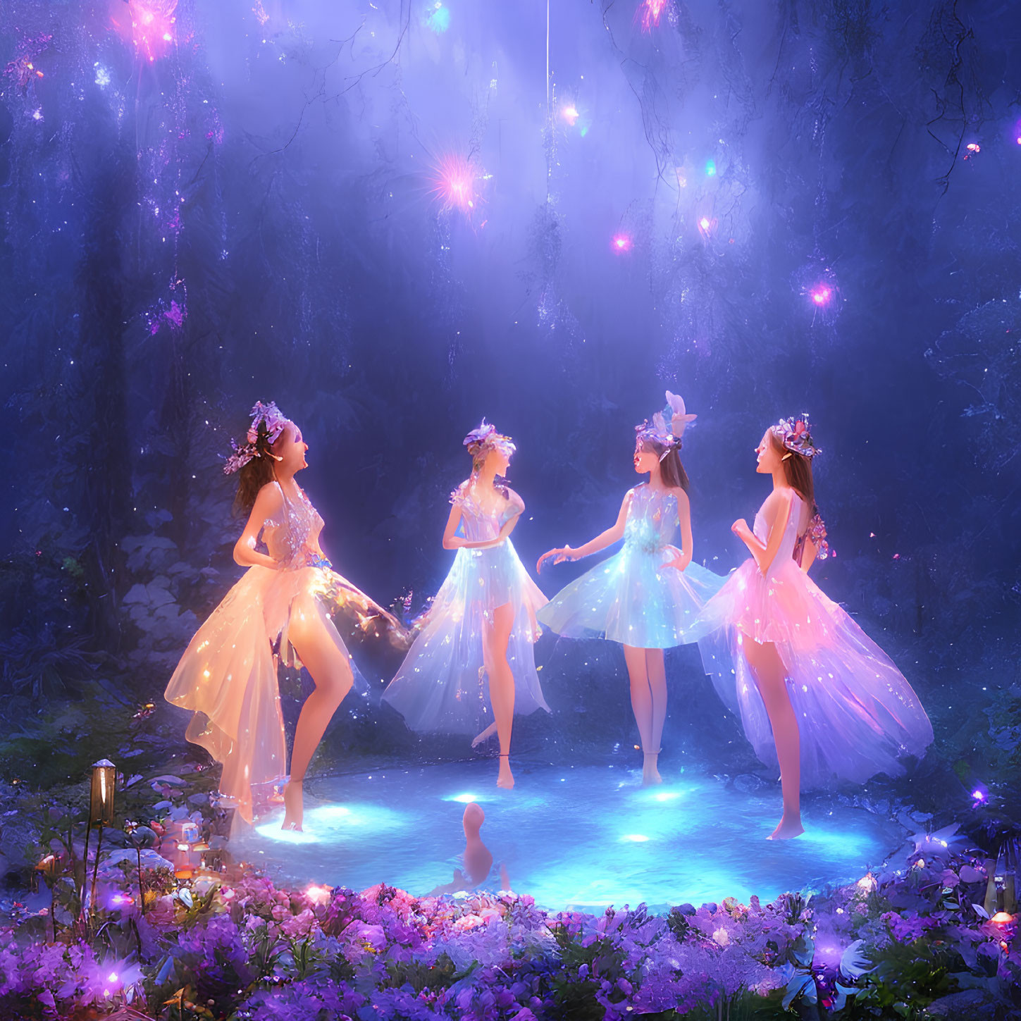 Ethereal figures in glowing dresses and floral crowns dance in mystical glade