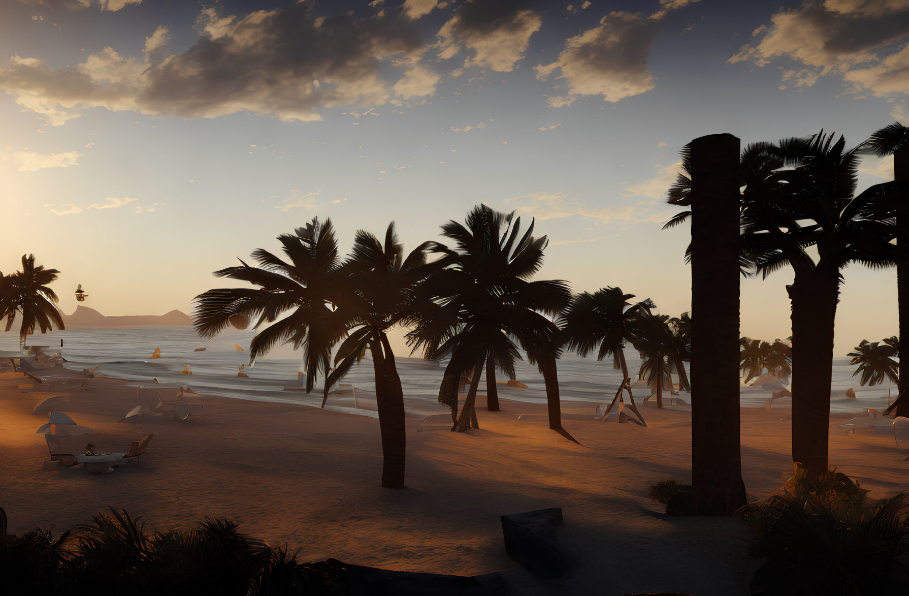 Tropical beach sunset with palm tree silhouettes and warm sky colors