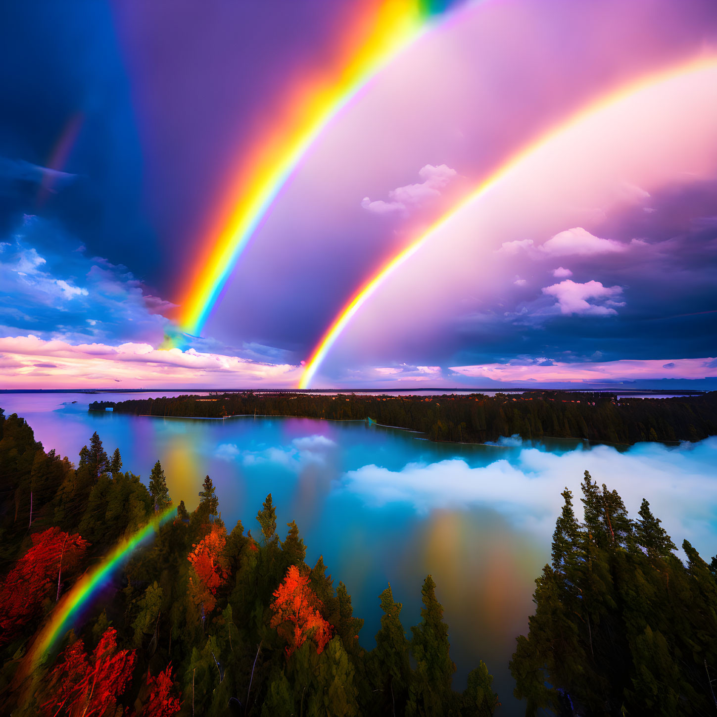 Double Rainbow Over Tranquil Forested Lake with Purple Skies