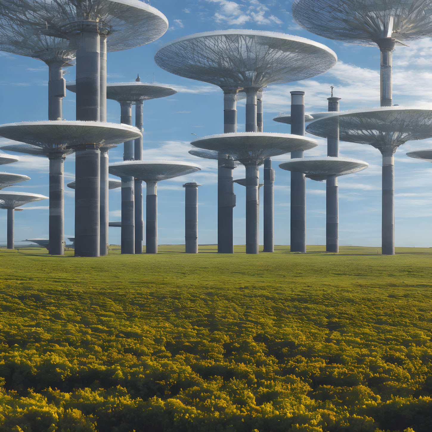 Yellow Flowers Field with Mushroom-Shaped Structures and Surreal Sky