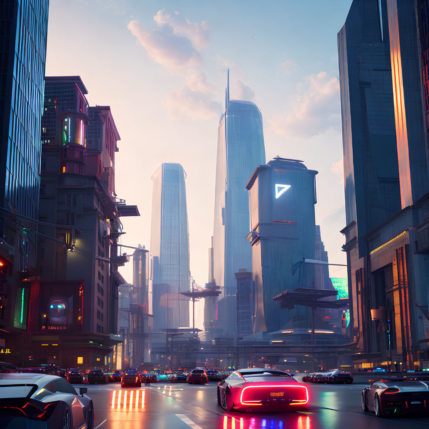 Futuristic cityscape with skyscrapers, neon signs, and busy street