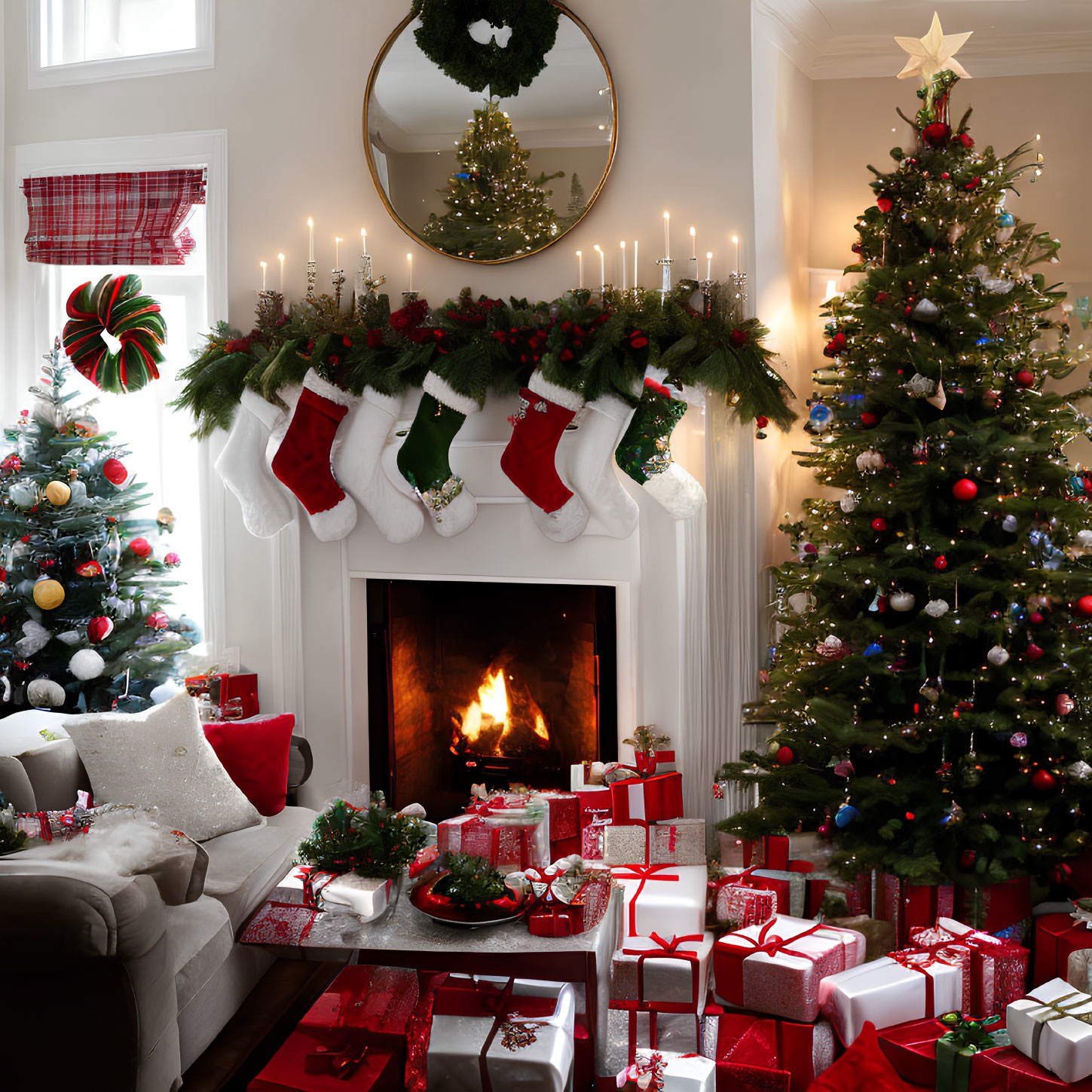 Festive Christmas living room with fireplace, stockings, tree, and gifts