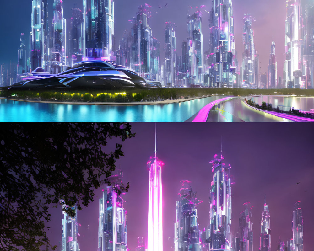 Futuristic night cityscape with neon lights and skyscrapers