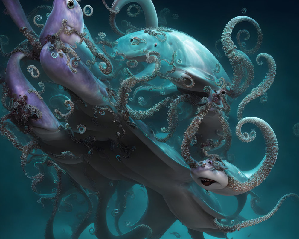 Surreal oversized octopus with multiple eyes and intricate tentacles in deep-sea setting