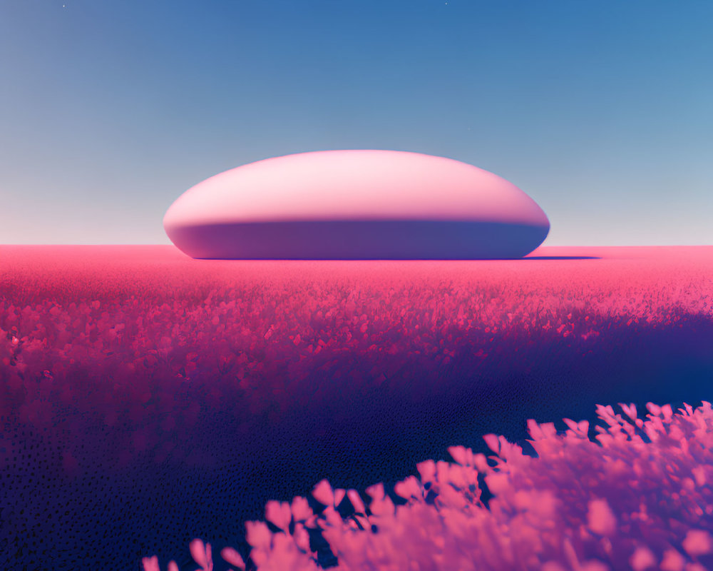 Surreal landscape with pink foliage and hovering white object