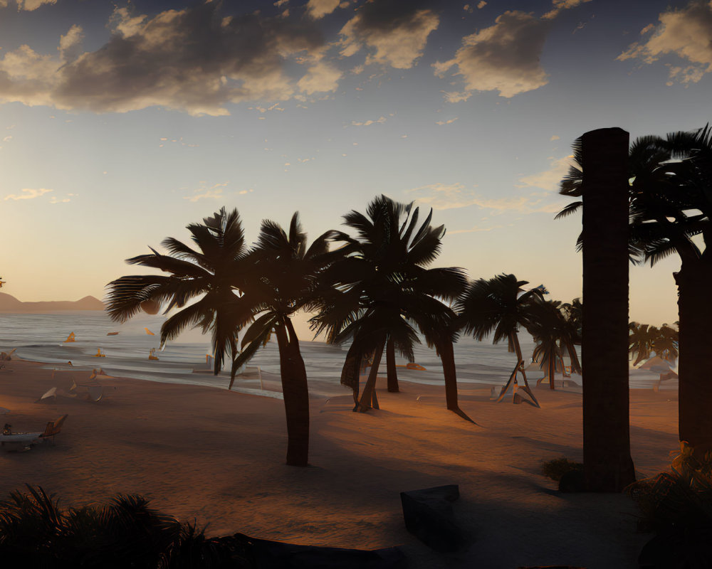 Tropical beach sunset with palm tree silhouettes and warm sky colors