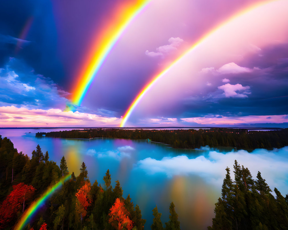 Double Rainbow Over Tranquil Forested Lake with Purple Skies