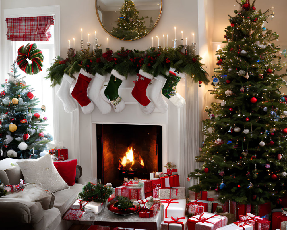 Festive Christmas living room with fireplace, stockings, tree, and gifts