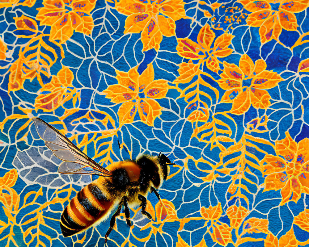 Realistic bee digital artwork on textured blue background with floral patterns