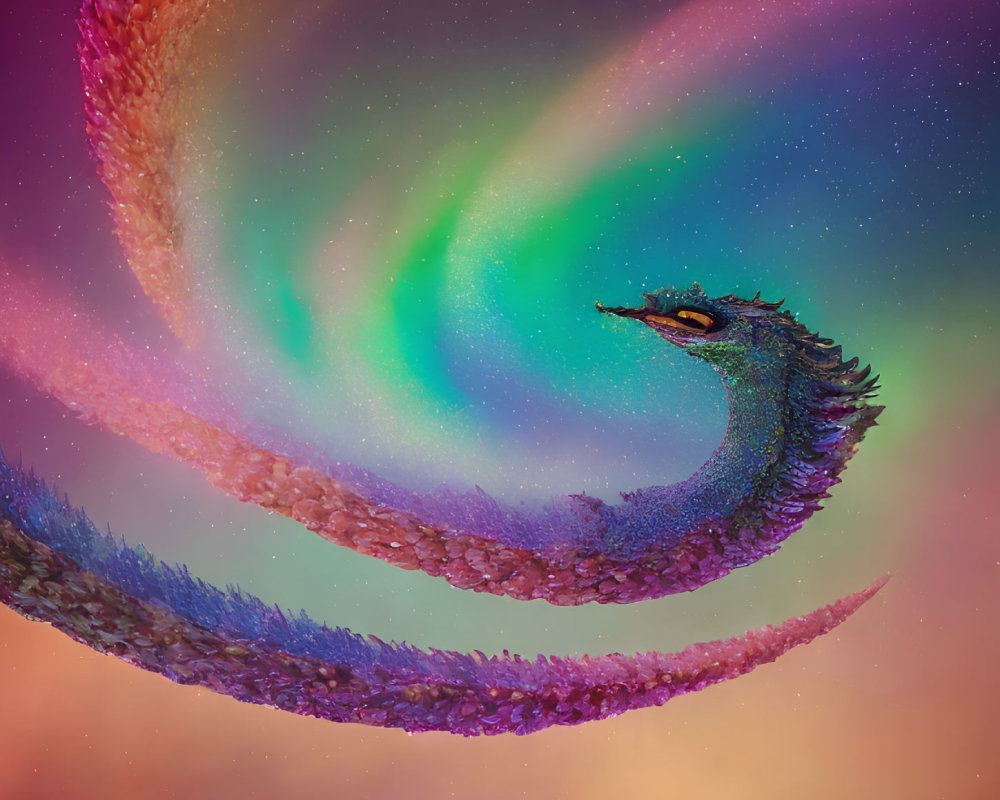 Colorful Digital Art: Peacock Feather in Cosmic Background