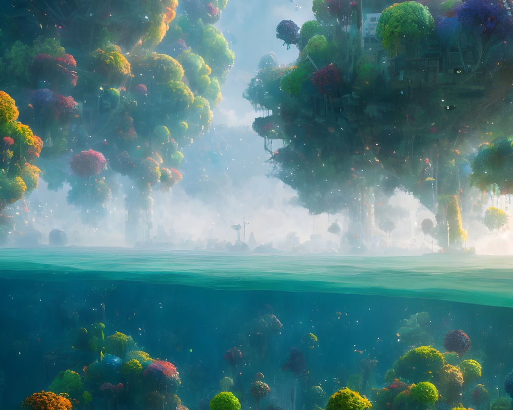 Ethereal forest floating above vibrant underwater scene