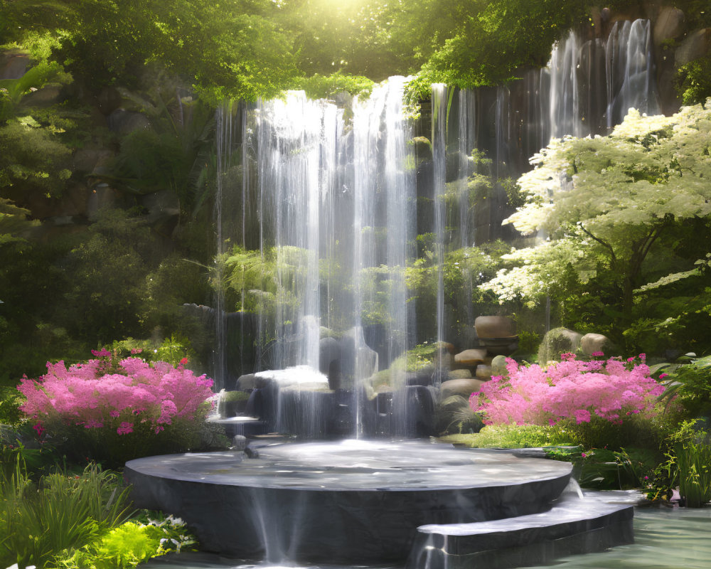 Tranquil Waterfall in Lush Garden with Sunlight and Blossoms