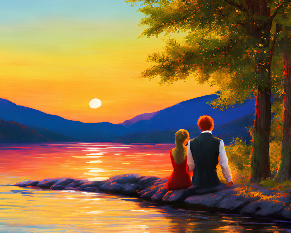 Couple by Lake at Sunset with Vibrant Colors & Mountains