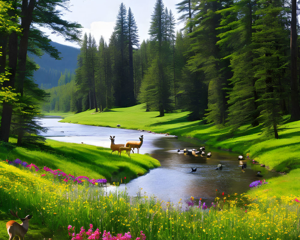 Tranquil landscape with deer, river, ducks, and wildflowers