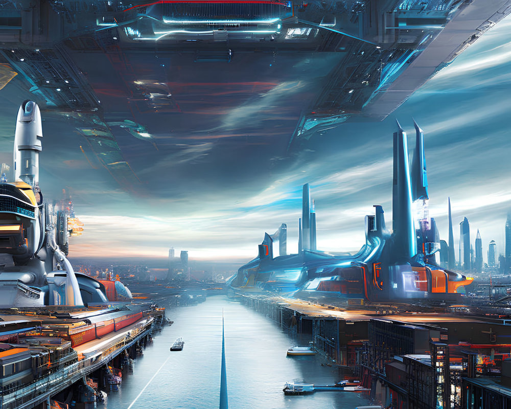 Futuristic cityscape with skyscrapers, river, spacecraft, and industrial infrastructure at twilight