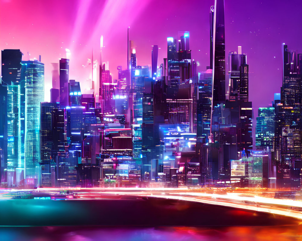 Futuristic night cityscape with neon lights and skyscrapers