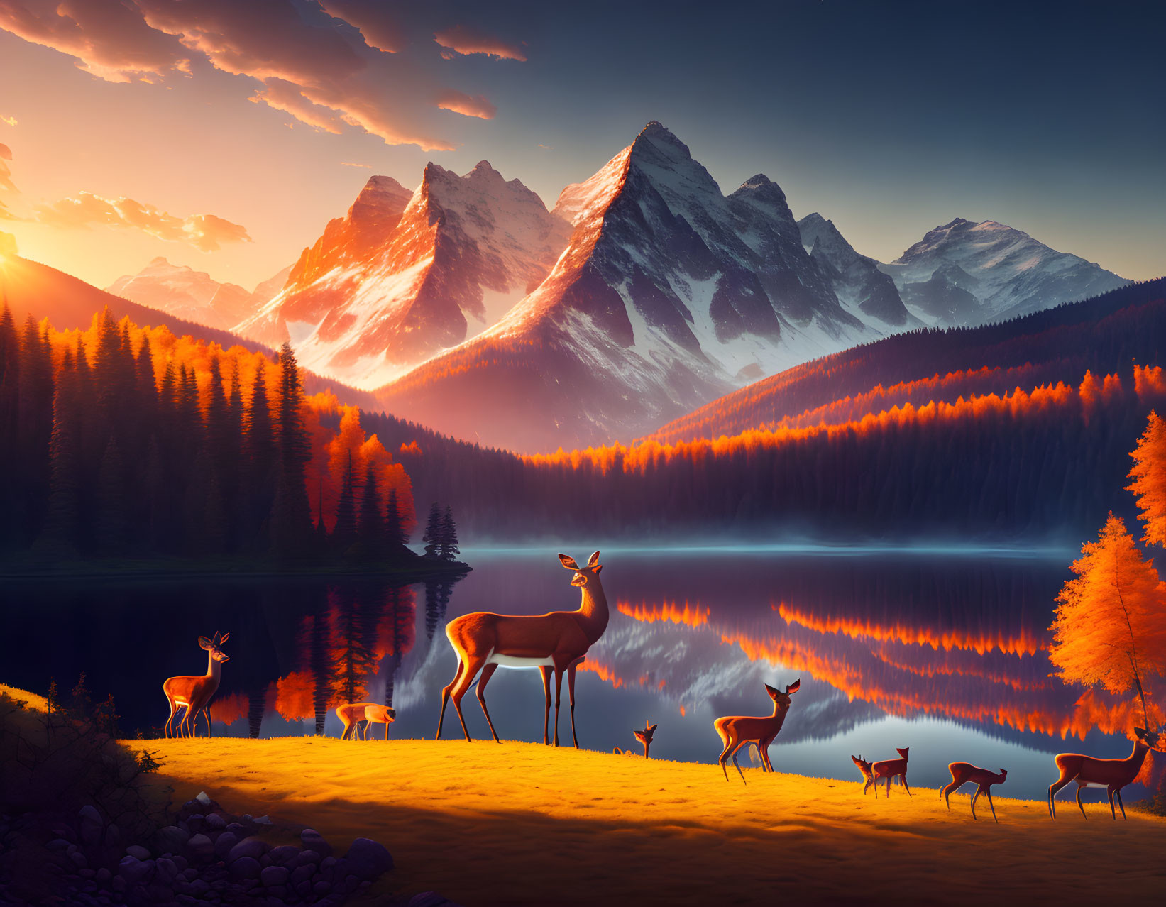 Tranquil deer by lake at sunset with autumn trees and snowy mountains