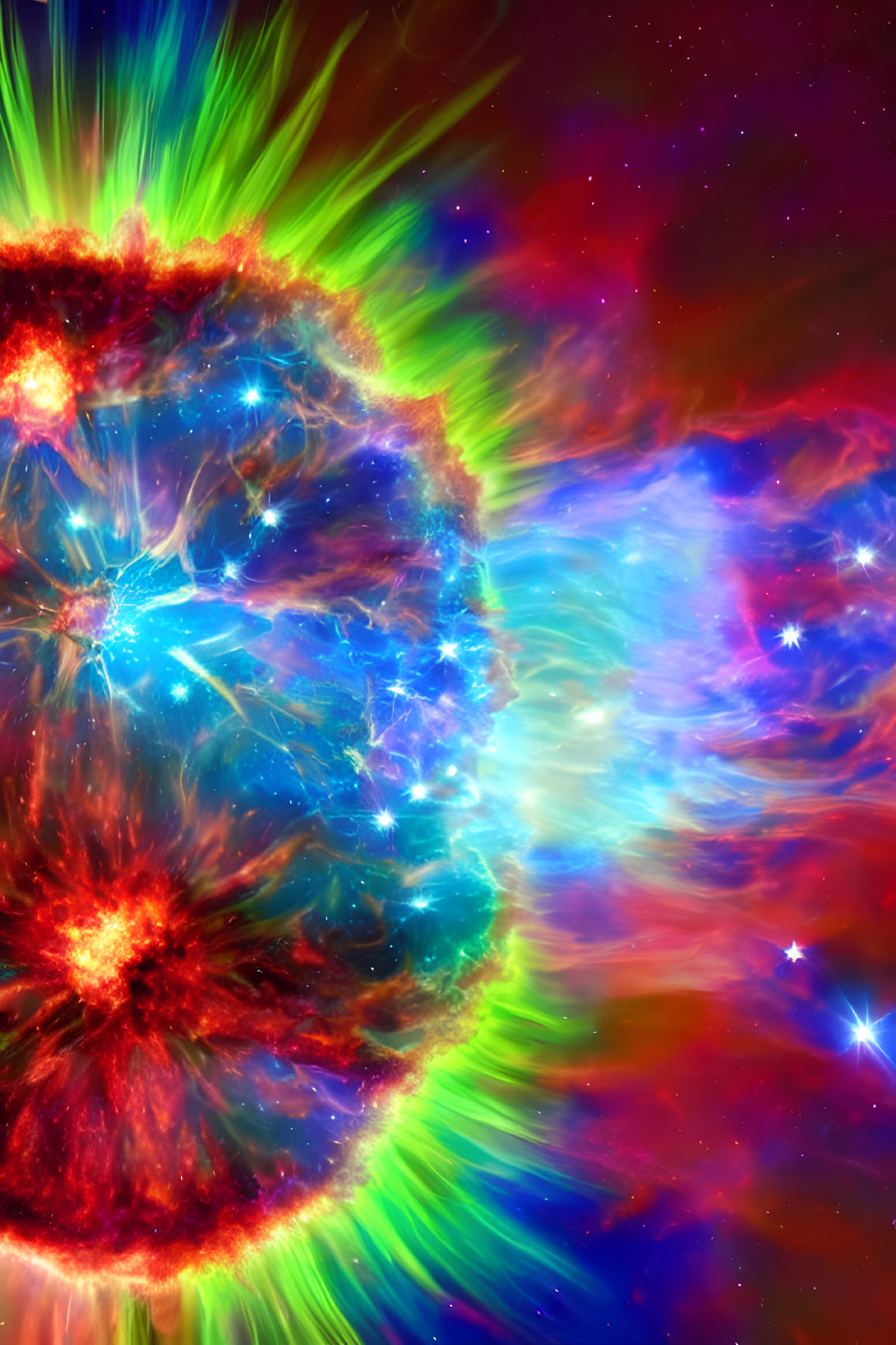 Colorful starburst effect in cosmic scene with red, blue, and green hues