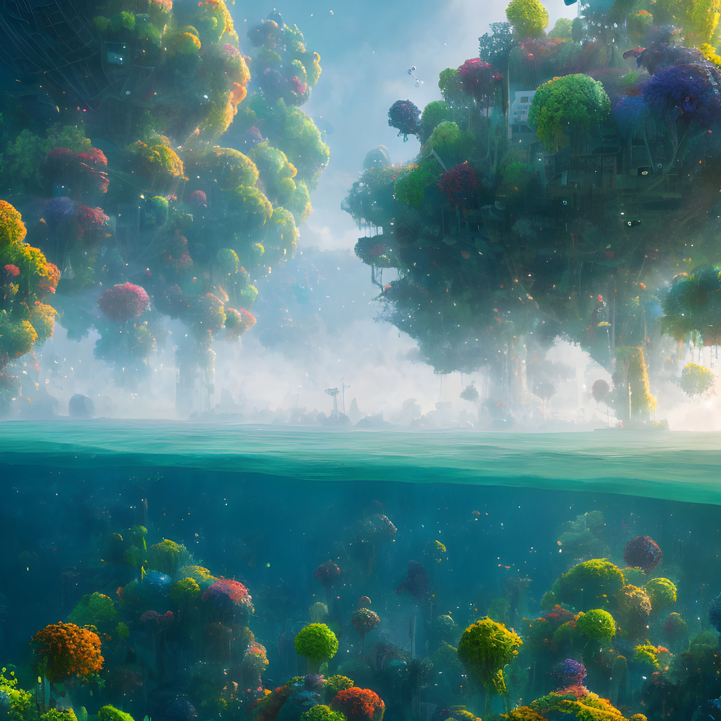 Ethereal forest floating above vibrant underwater scene