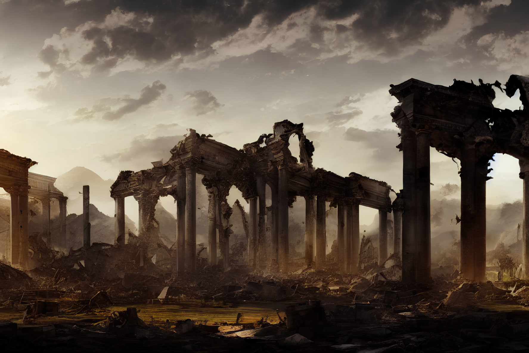 Ancient columns and arches in desolate landscape with dramatic sky