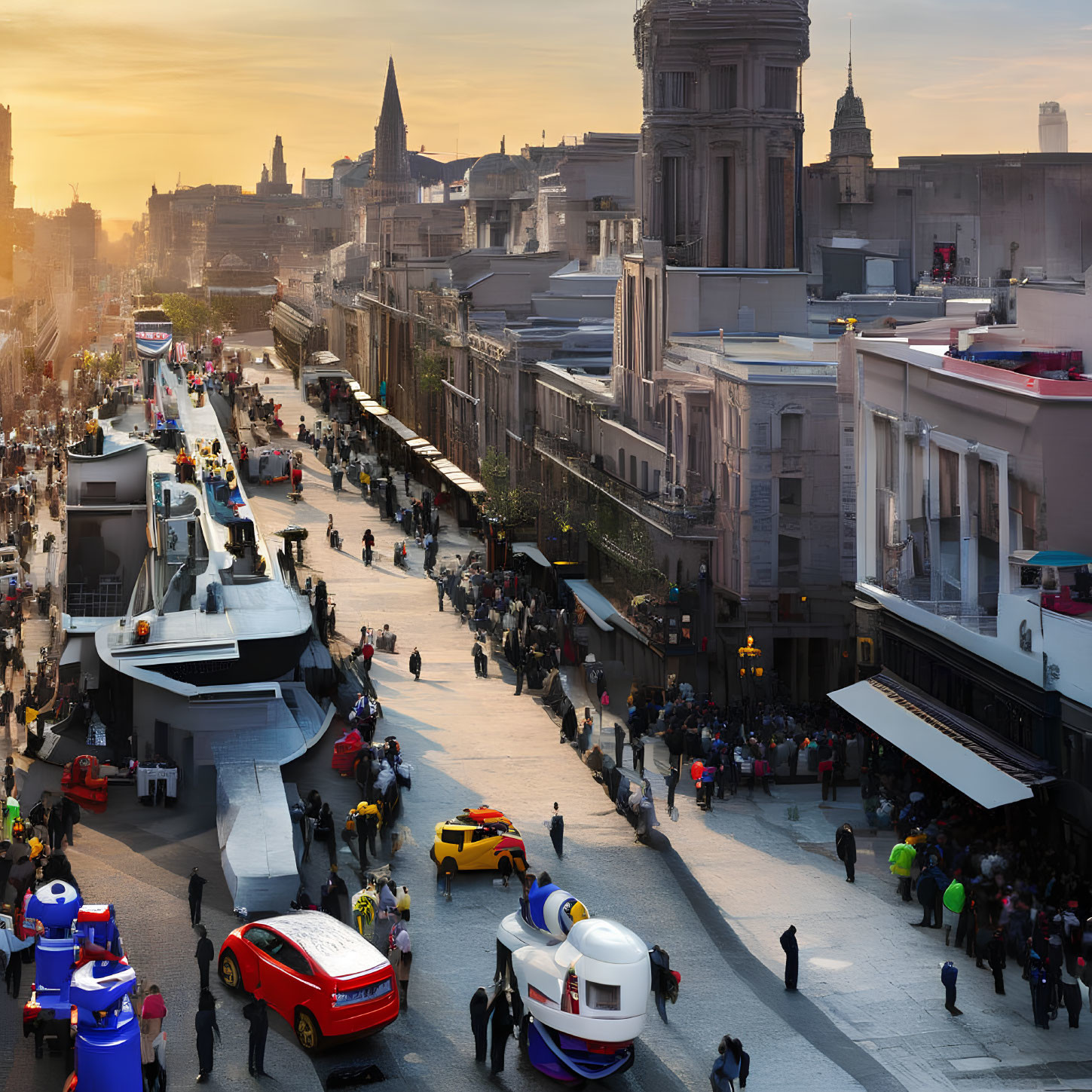 Busy City Street at Sunset with Pedestrians, Vendors, Vehicles, and Historic Buildings