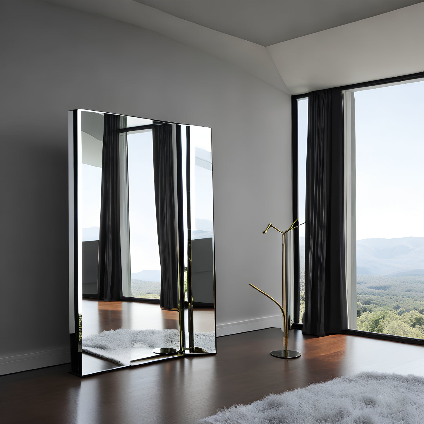 Contemporary room with large mirror, floor lamp, gray curtains, and mountain view