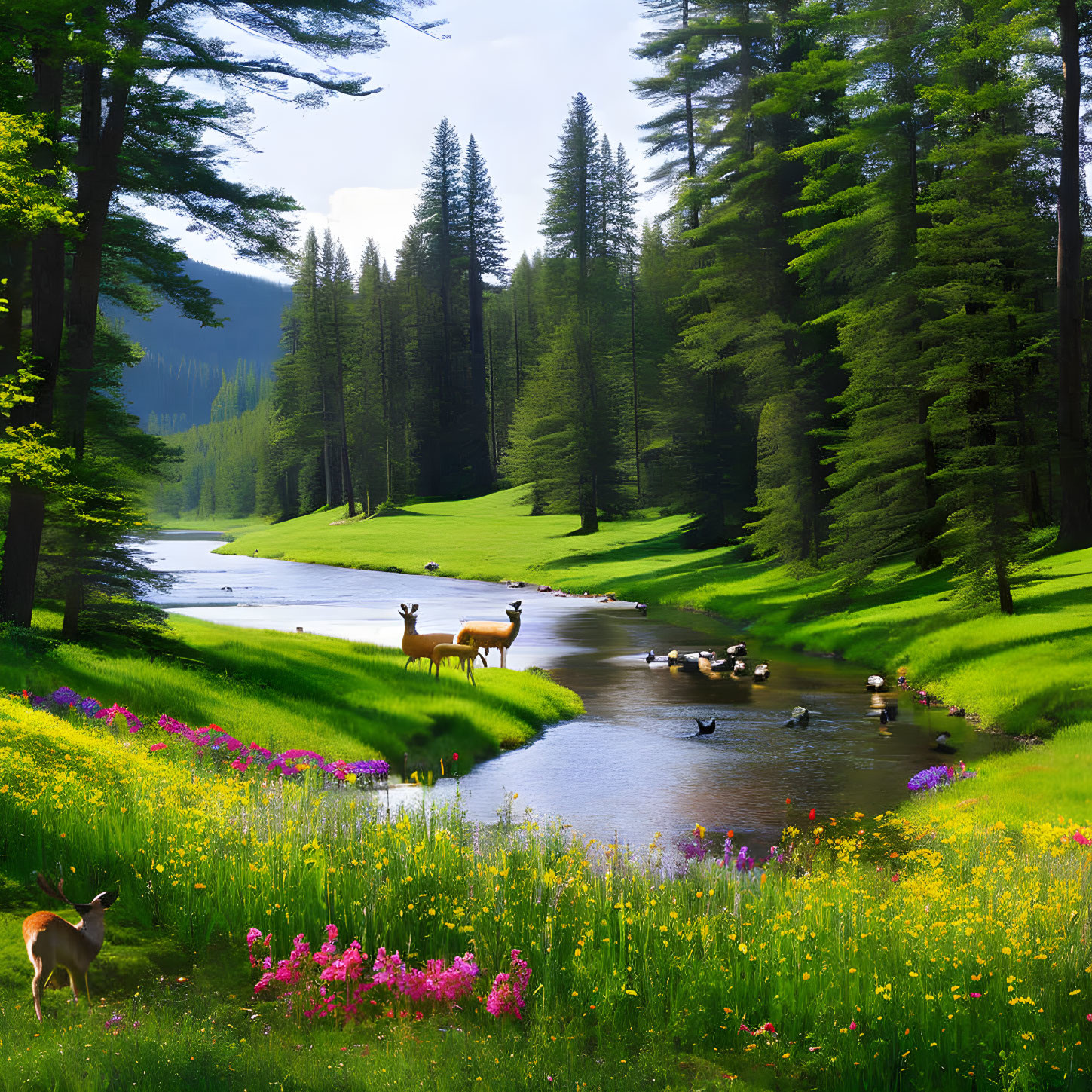 Tranquil landscape with deer, river, ducks, and wildflowers