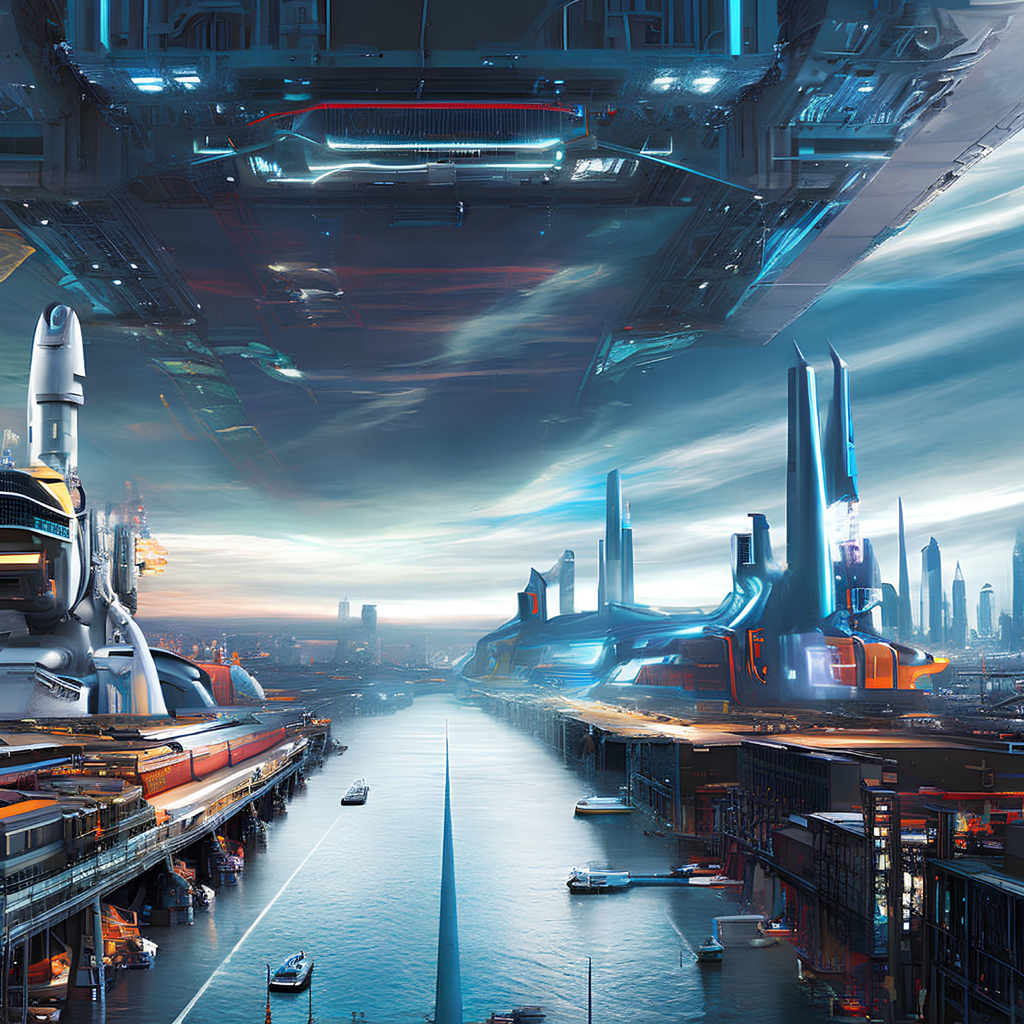 Futuristic cityscape with skyscrapers, river, spacecraft, and industrial infrastructure at twilight