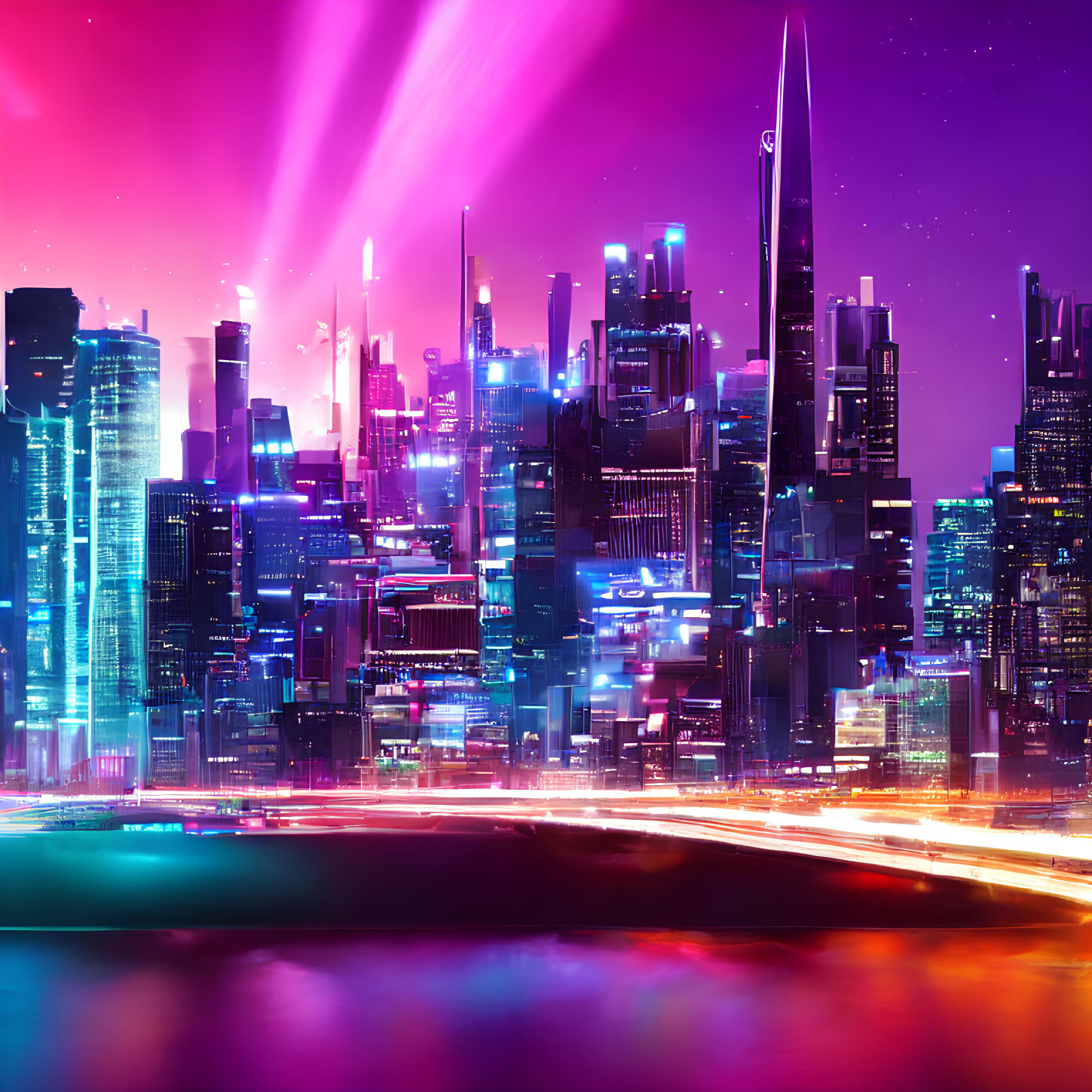 Futuristic night cityscape with neon lights and skyscrapers