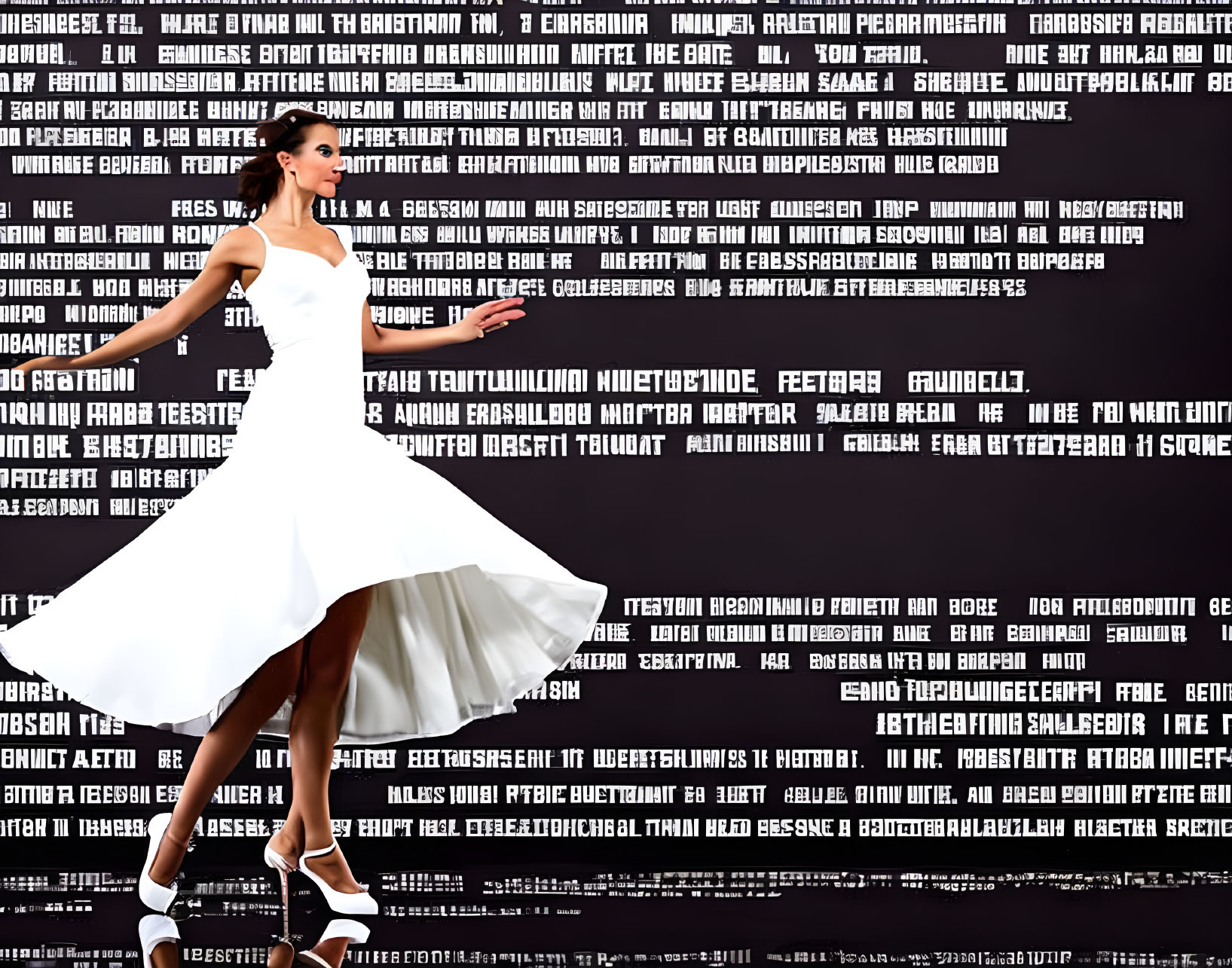 Woman in White Dress Poses with Matrix Binary Code Background