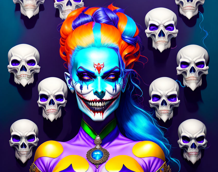 Rainbow-haired clown surrounded by white skulls on purple backdrop