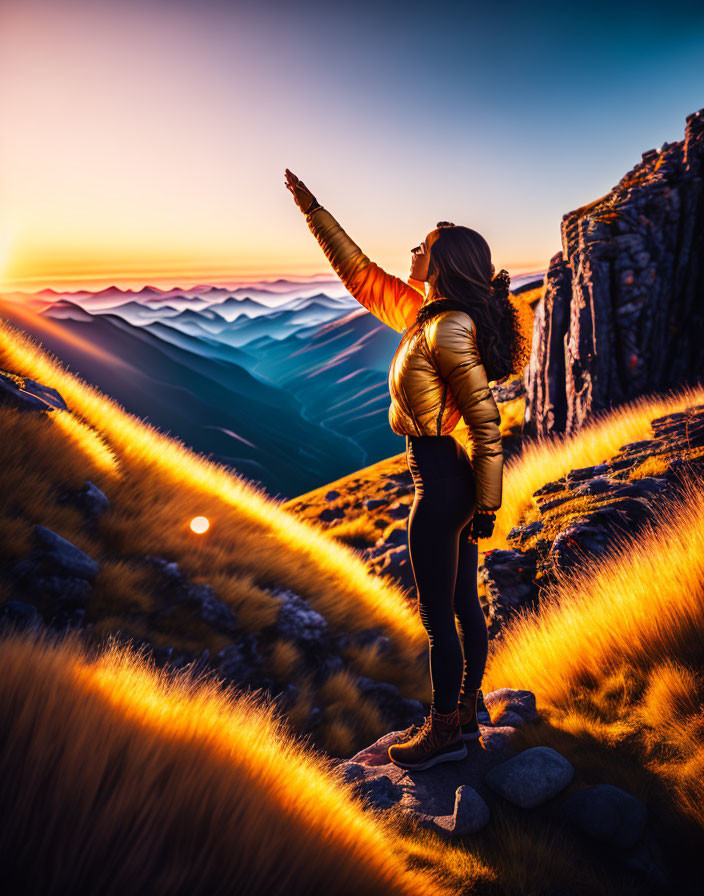 Woman in Gold Jacket Reaching on Mountain Top at Sunset