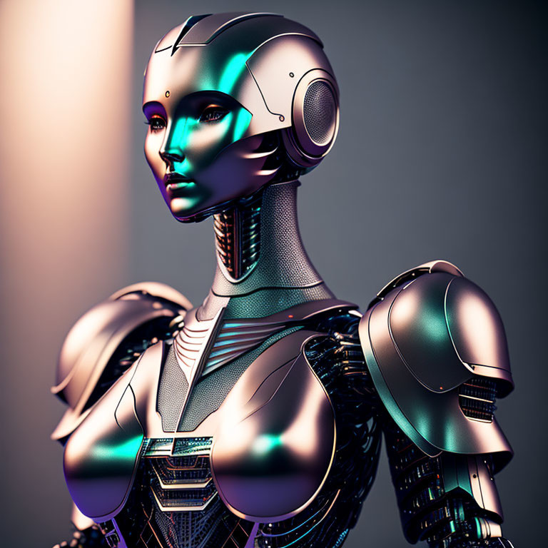 Detailed metallic female robot on gradient background