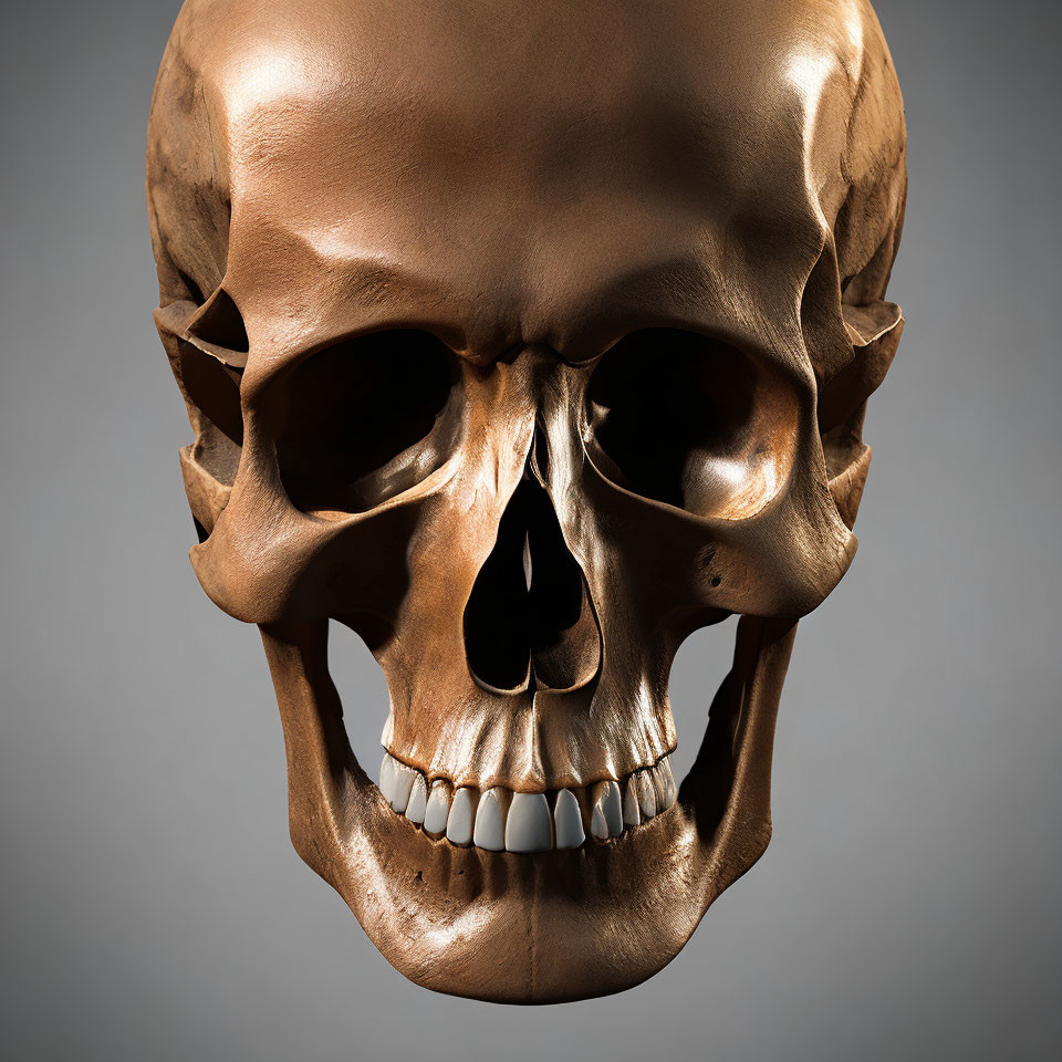 Bronze Skull with Shiny Teeth on Dark Grey Background