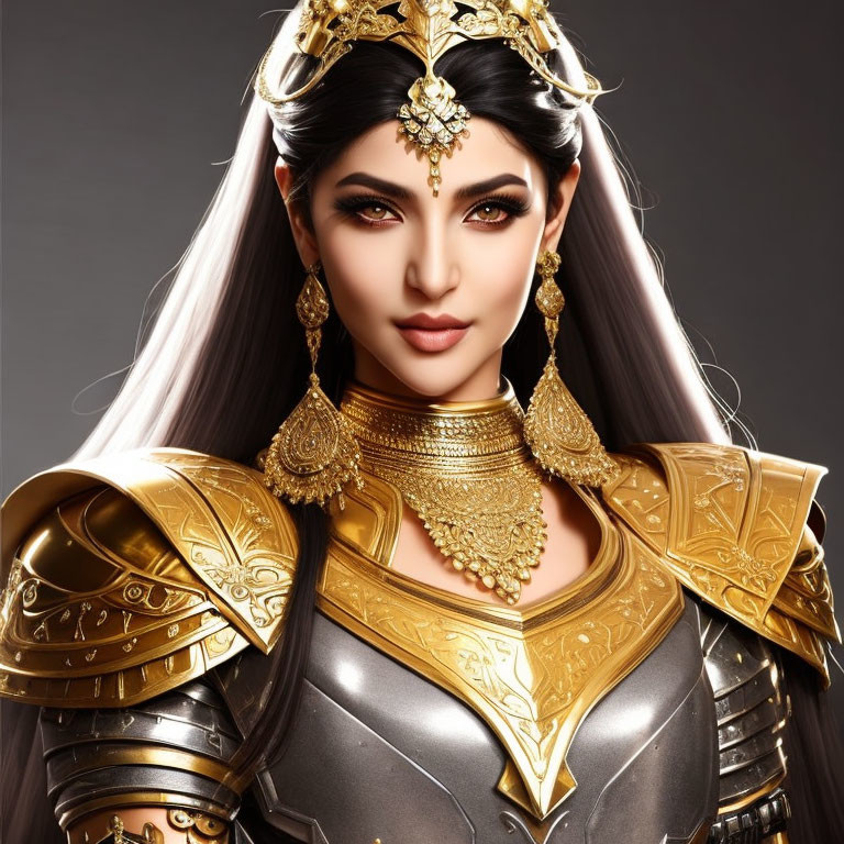 Regal woman in golden armor and headdress with striking makeup and dark hair