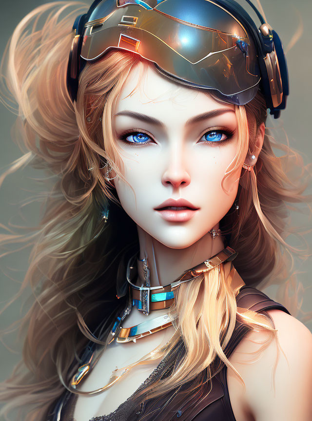 Digital artwork: Female with blue eyes, futuristic headset, glowing collar, wavy blonde hair